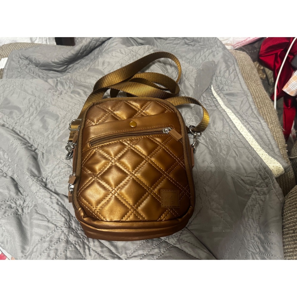 HKWP Metallic Bronze Quilted Crossbody Bag Small Messenger Travel Satchel